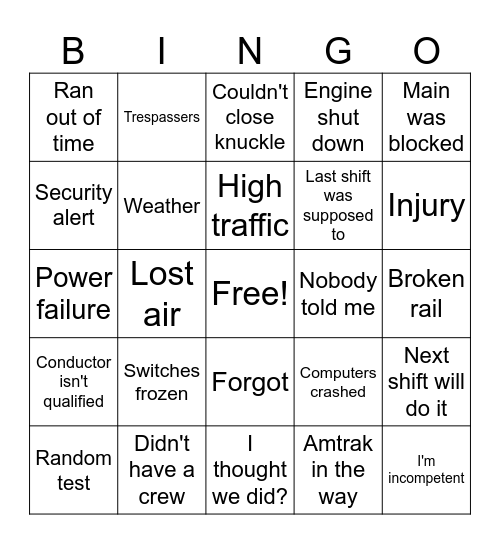 Transportation excuses Bingo Card