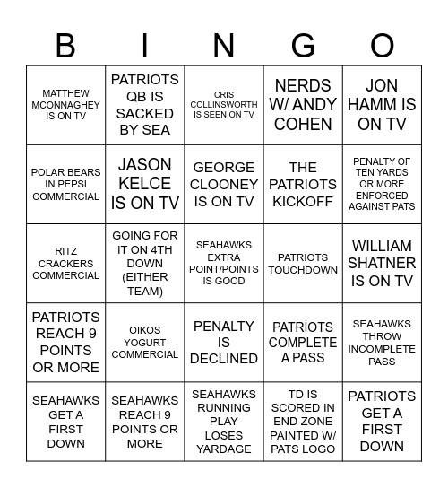 Super Bowl LX Bingo Card
