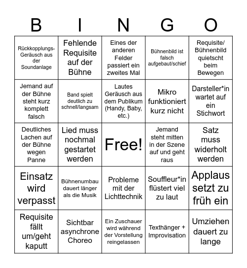 Theaterstück-Erstaufführungs-Chaos Bingo Card