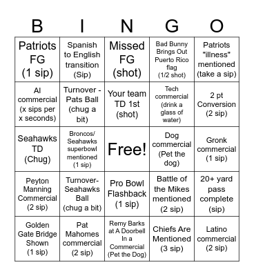 Superbowl 60 BINGO Card