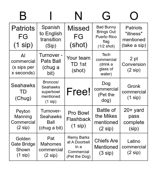 Superbowl 60 BINGO Card