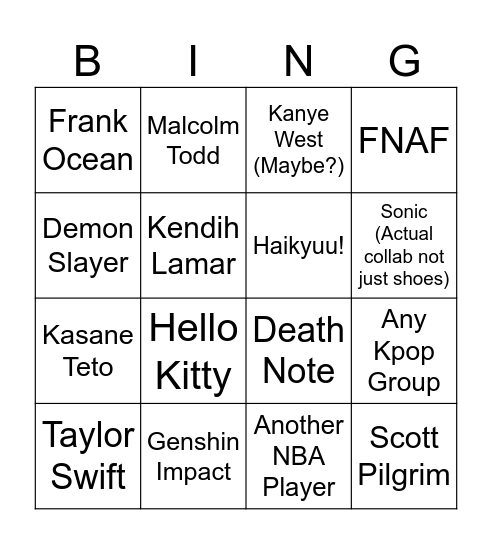 Fortnite 2026 Collab Bingo Card