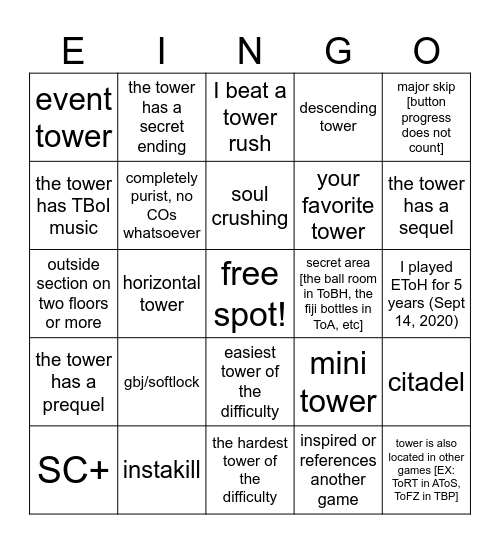 EToH Tower Bingo Card