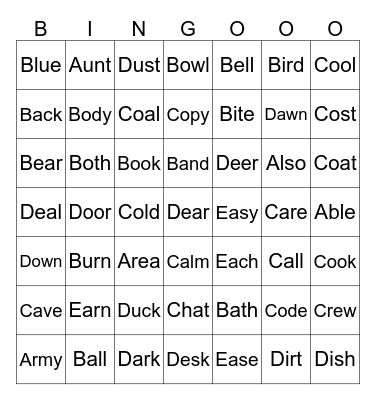 Words of 4 letters (A-E) Bingo Card