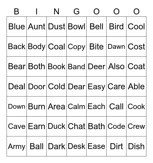 Words of 4 letters (A-E) Bingo Card