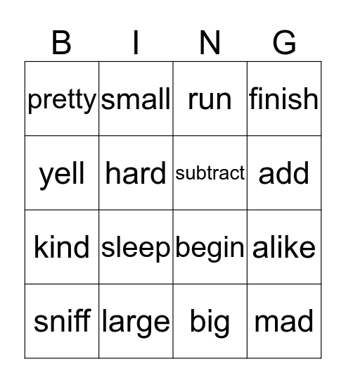 Synonyms Bingo Card