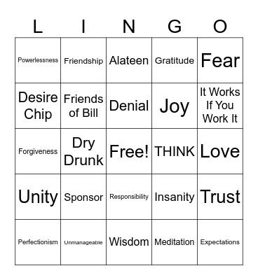 Recovery Bingo Card