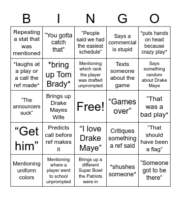 Game Day Bingo Card