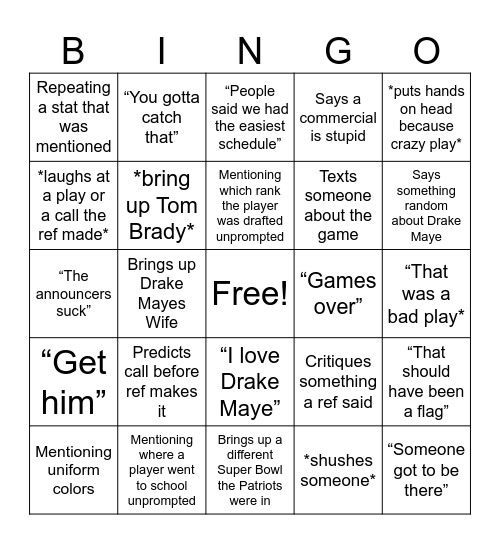 Game Day Bingo Card