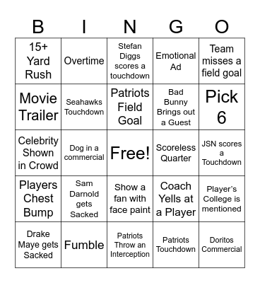 Super Bowl Bingo Card