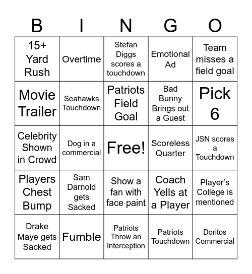 Super Bowl Bingo Card