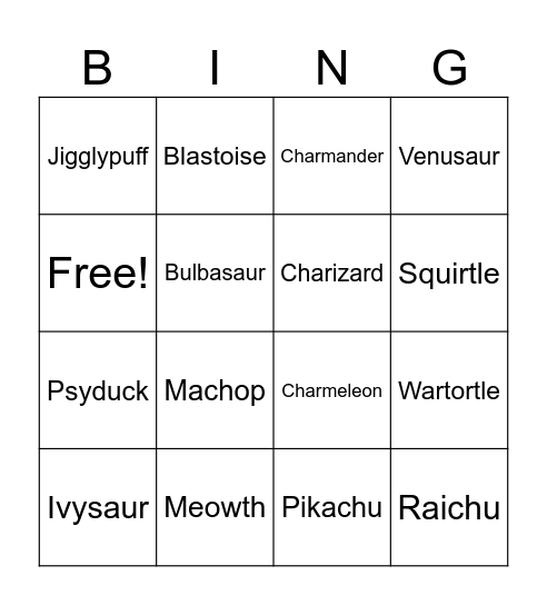 Pokémon Bingo Card