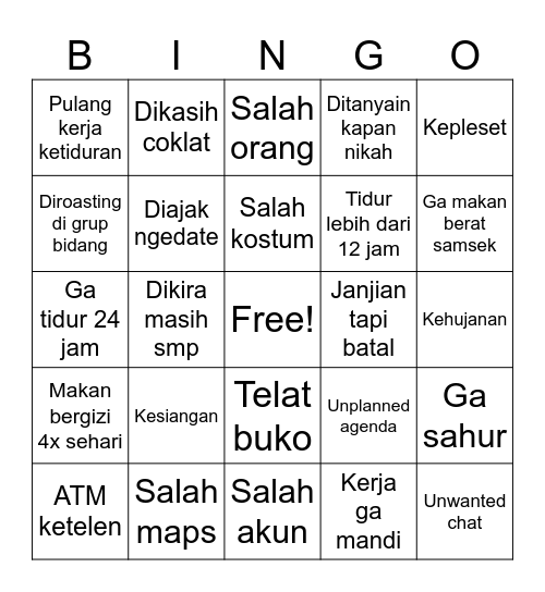 Unhinged Bingo Card