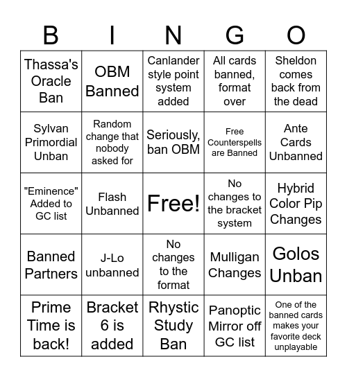 EDH Banlist Announcement Bingo Card