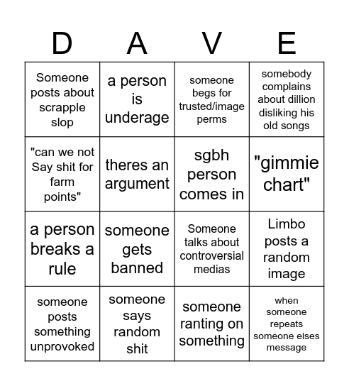 davecord bingo of 2026 Bingo Card