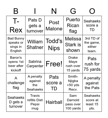 Superbowl 2026 Bennett Bingo Card