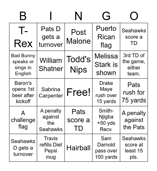 Superbowl 2026 Bennett Bingo Card