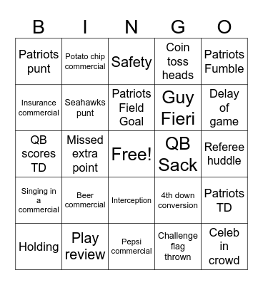 Superbowl Bingo 2026 Bingo Card