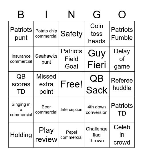 Superbowl Bingo 2026 Bingo Card