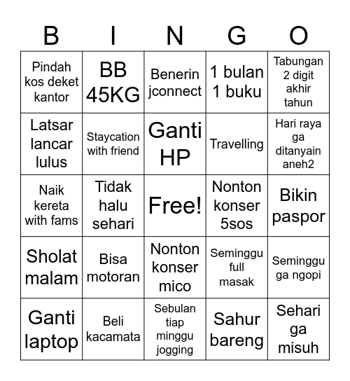 Goals Bingo Card