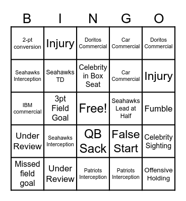 Superbowl LX Bingo Card