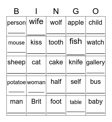 Plural Nouns Bingo Card