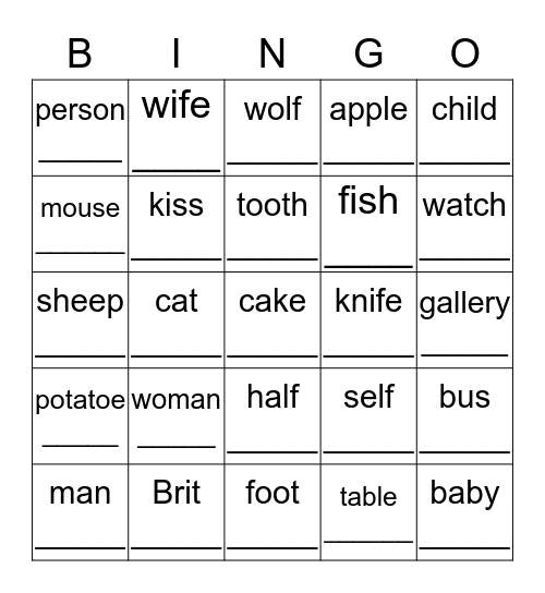 Plural Nouns Bingo Card