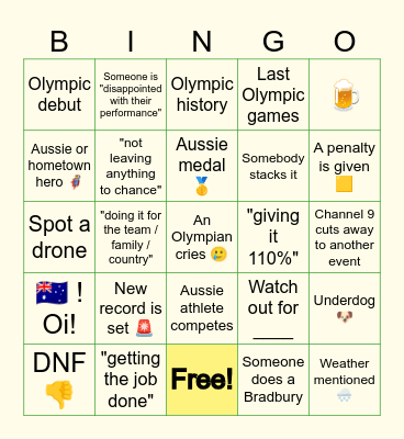 Aussies at the Winter Olympics Bingo Card