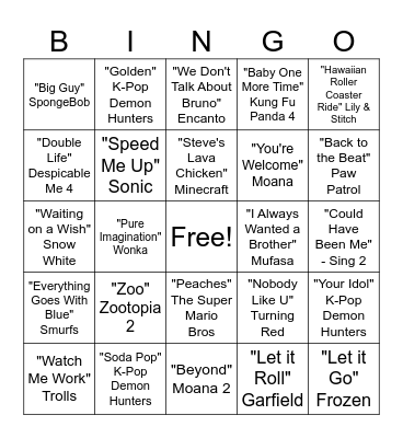 Family Movie Hits Bingo Card