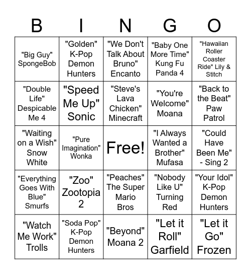 Family Movie Hits Bingo Card