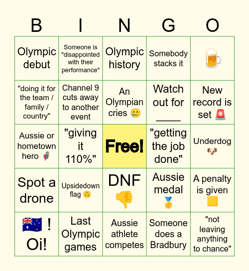 Aussies at the Winter Olympics Bingo Card