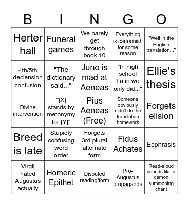 Aeneid Class Bingo Card