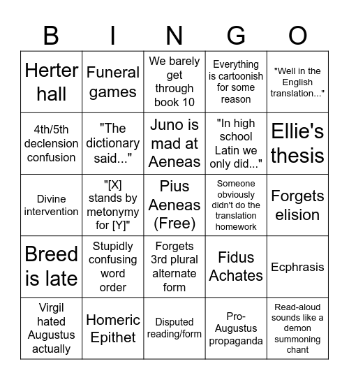 Aeneid Class Bingo Card