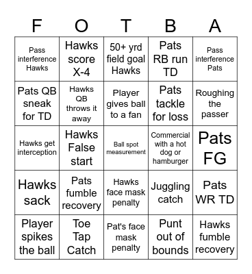 Super Bowl Bingo Card