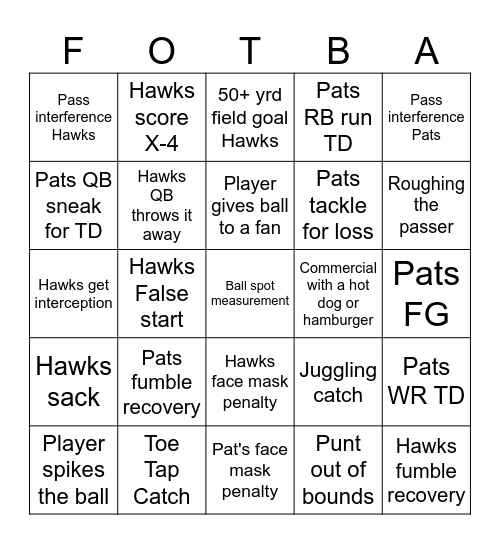 Super Bowl Bingo Card