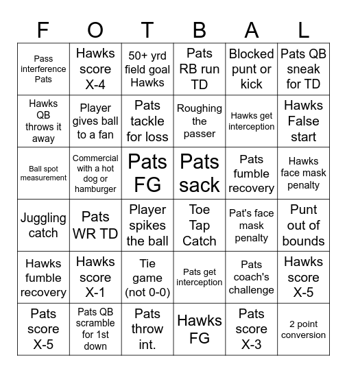 Super Bowl Bingo Card