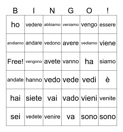 Verbi irregolari italiani Bingo Card