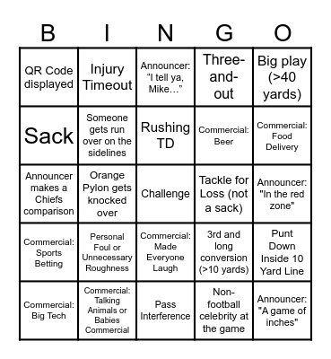 Super Bowl Bingo Card