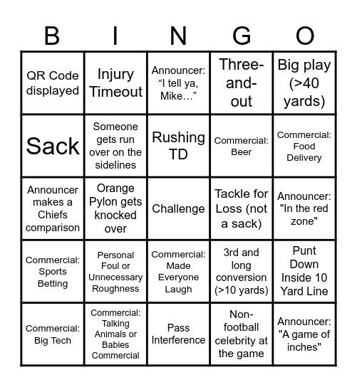 Super Bowl Bingo Card
