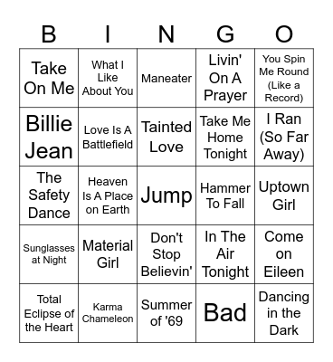 80's Song Bingo Card