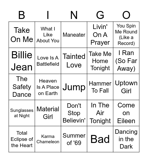 80's Song Bingo Card
