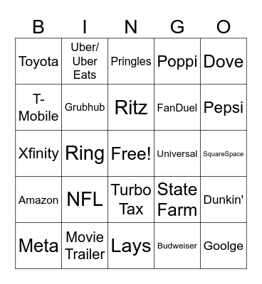 Super Bowl Commercial Bingo Card