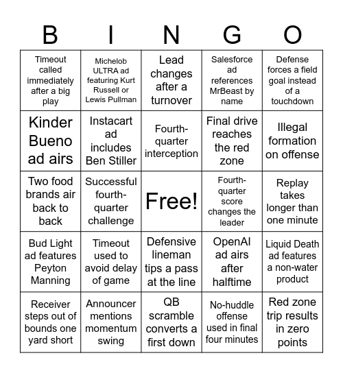 Super Bowl LX Bingo Card