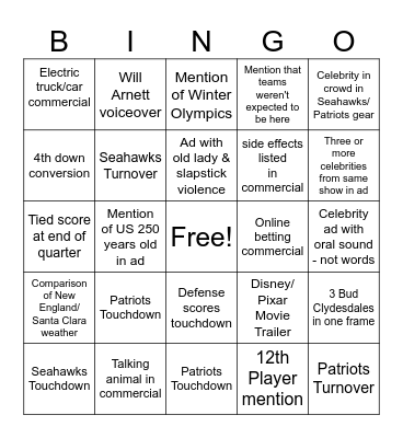 SUPERBOWL LX Bingo Card