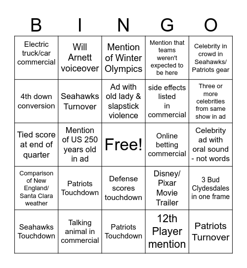 SUPERBOWL LX Bingo Card