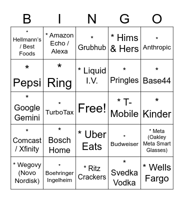 Super Bowl Ad Bingo Card