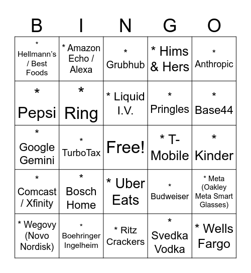 Super Bowl Ad Bingo Card