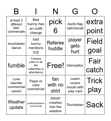 Super Bowl 60 Bingo Card