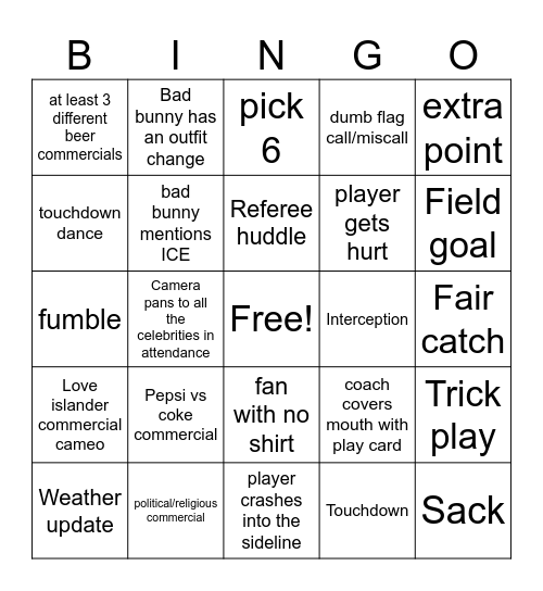 Super Bowl 60 Bingo Card