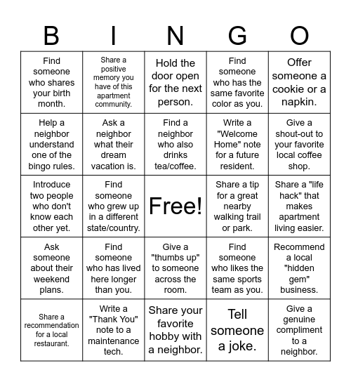 Random Acts of Kindness Bingo Card